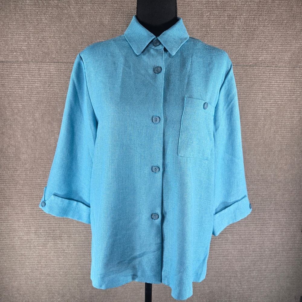 Patchington Womens Petite Turquoise Textured Cuffed 3/4 Sleeve Button Up Shirt